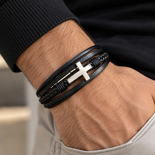 Pulsera Hombre Cuero Cruz Acero Inoxidable  