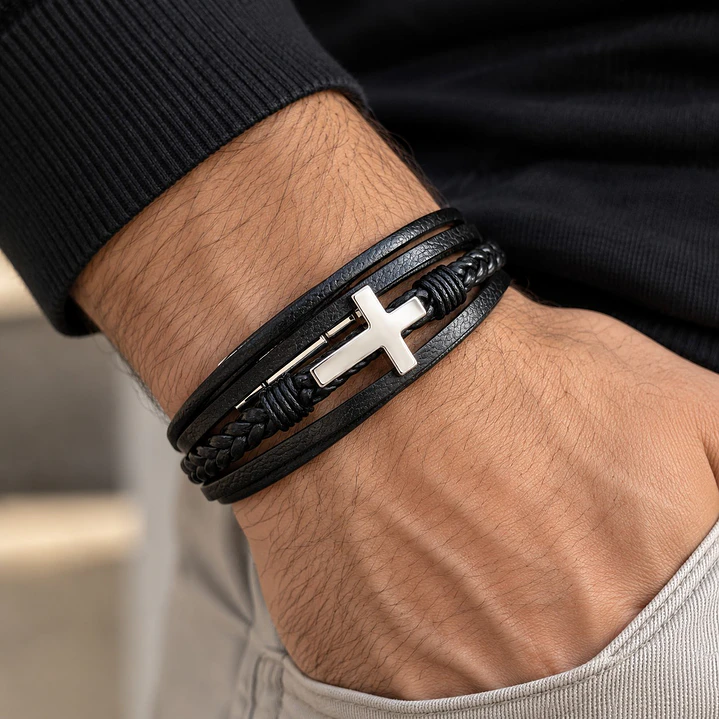 Pulsera Hombre Cuero Cruz Acero Inoxidable   2