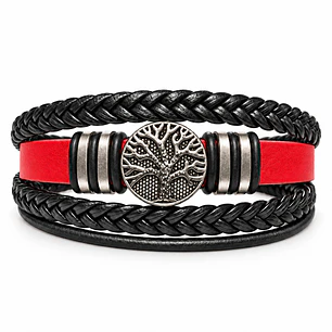 Pulsera Cuero Árbol de la Vida Roja Acero Inoxidable