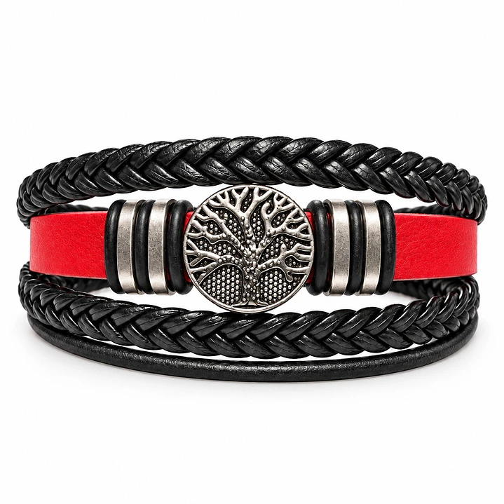 Pulsera Cuero Árbol de la Vida Roja Acero Inoxidable 1