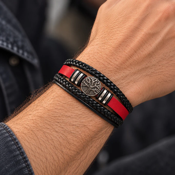 Pulsera Cuero Árbol de la Vida Roja Acero Inoxidable 2