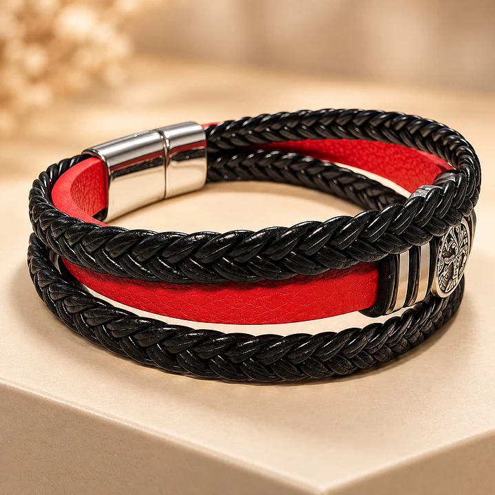 Pulsera Cuero Árbol de la Vida Roja Acero Inoxidable 4