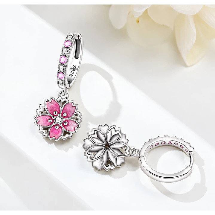 Aros Colgante Flor de Cerezo Sakura Plata Ley 925   3