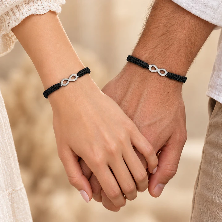 Pack 2 Pulsera Hilo Negro Infinito Pareja Acero Inoxidable 3