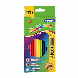 Lápices 12 Colores Hexagonal + 2 Lápices Grafito. Torre