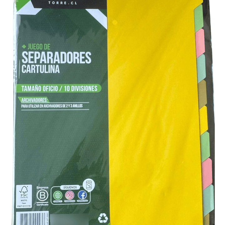 Separadores Cartulina 10 Divisiones Tamaño Oficio. Torre 1