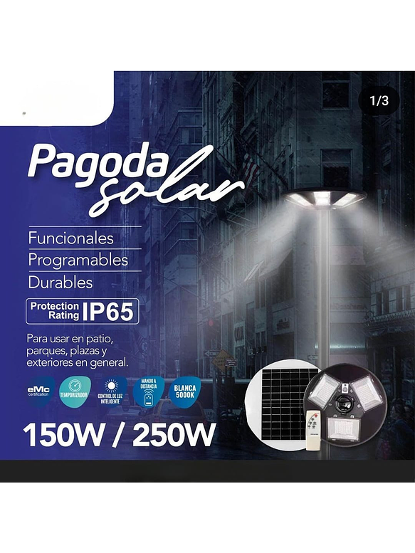 Alumbrado Publico Pagoda SOLAR 150W Luz Fria C/Remoto IP65 3