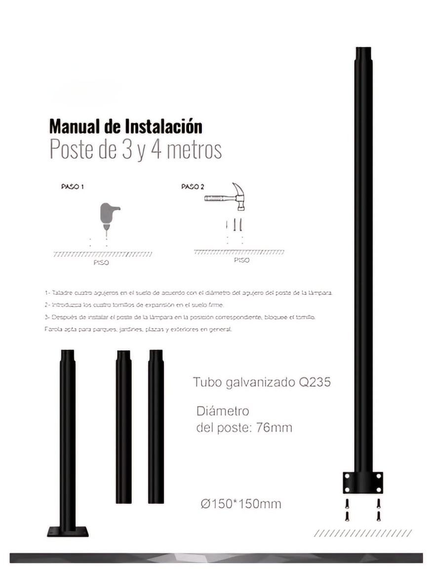 Poste Metálico Galvanizado 4 Metros Ø76mm para Luminarias 5