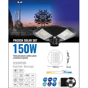 Luminaria Pagoda Solar 150W Luz Fría + Poste Metálico 3m