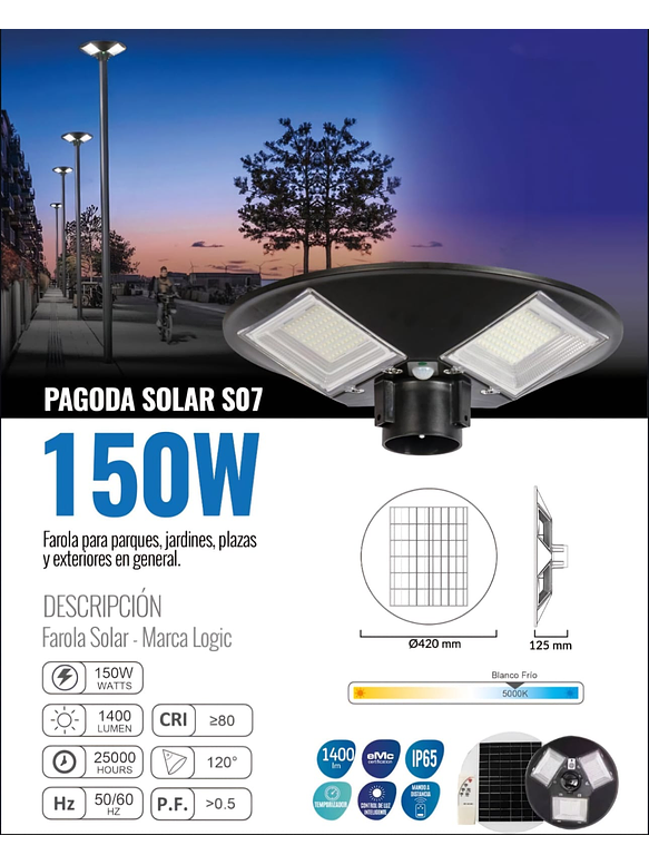 Luminaria Pagoda Solar 150W Luz Fría + Poste Metálico 3m 2