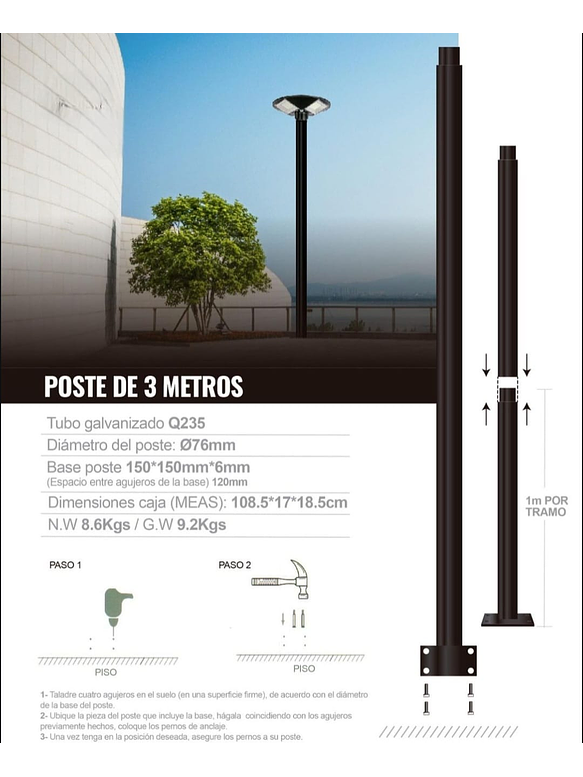 Luminaria Pagoda Solar 150W Luz Fría + Poste Metálico 3m 6
