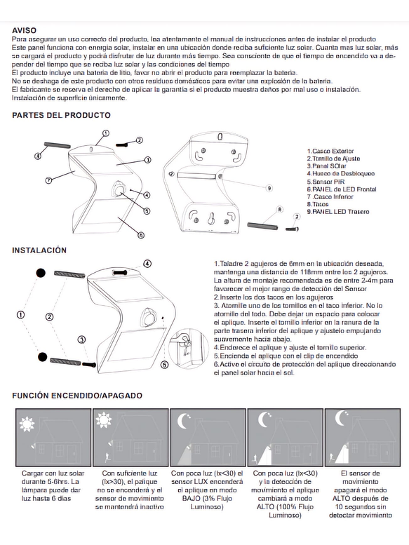 Aplique Solar LED Roblan 1,5W Sensor IP65 Exterior Blanco/Negro 5