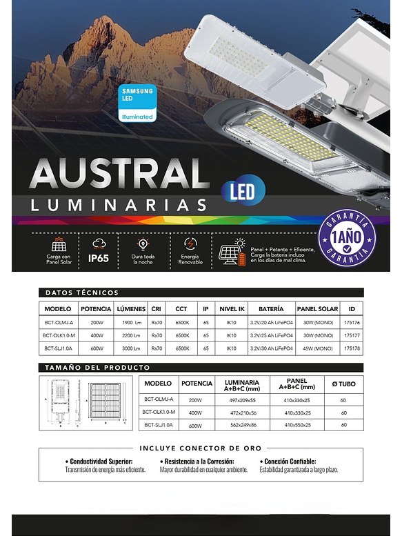Luminaria solar pública LED AUSTRAL 600W luz fría IP65 6