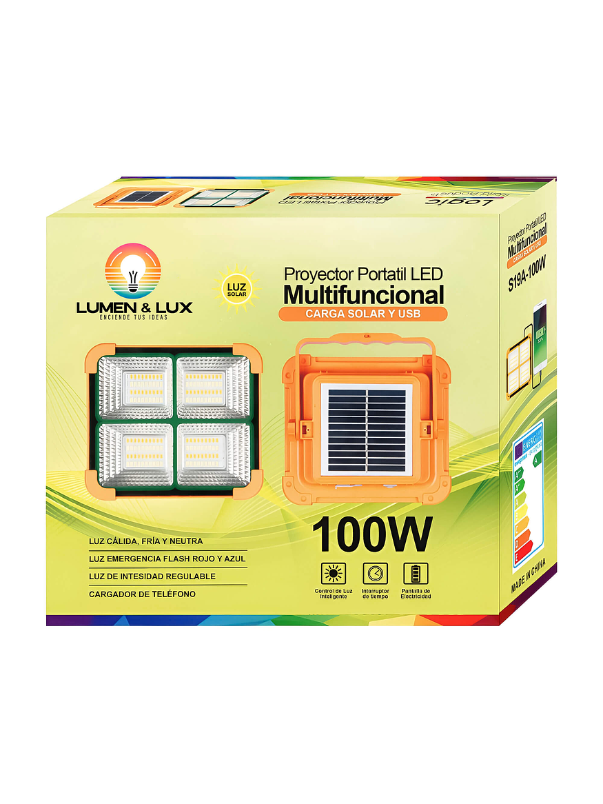 Proyector Led Solar 100W Portátil Recargable Power Bank Luz Fría/Cálida/Flash 4