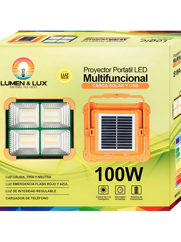 Proyector Led Solar 100W Portátil Recargable Power Bank Luz Fría/Cálida/Flash 4