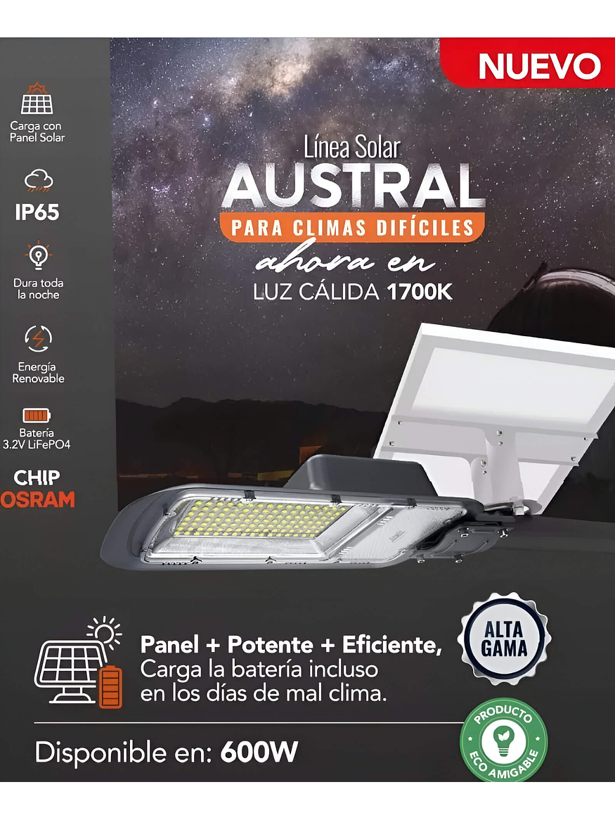 Luminaria Solar Pública LED Austral 600W 1700K DS1 2