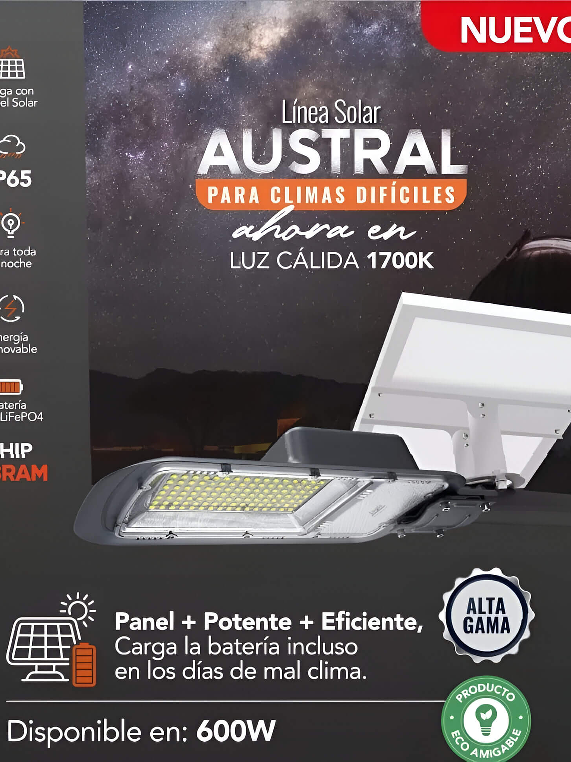 Luminaria solar pública LED AUSTRAL 600W luz cálida 1700K IP65 DS1 2
