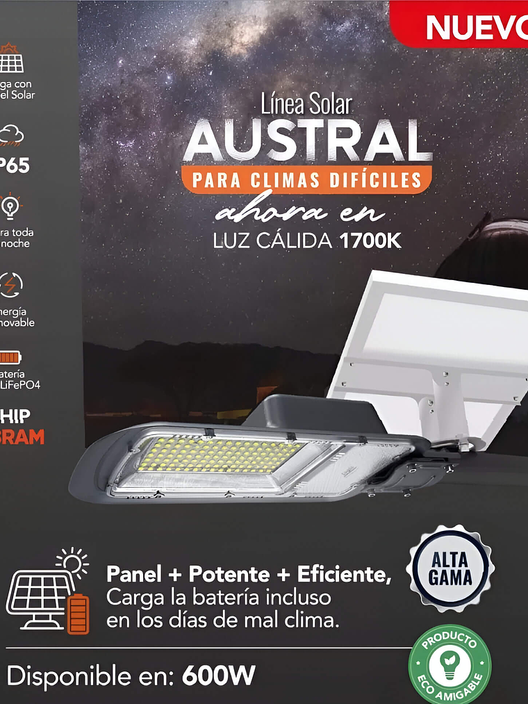 Luminaria solar pública LED AUSTRAL 600W luz cálida 1700K IP65 DS1 2