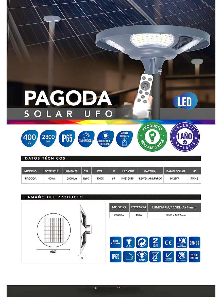 Luminaria solar Pagoda UFO 400W 5000K IP65 con control remoto 4