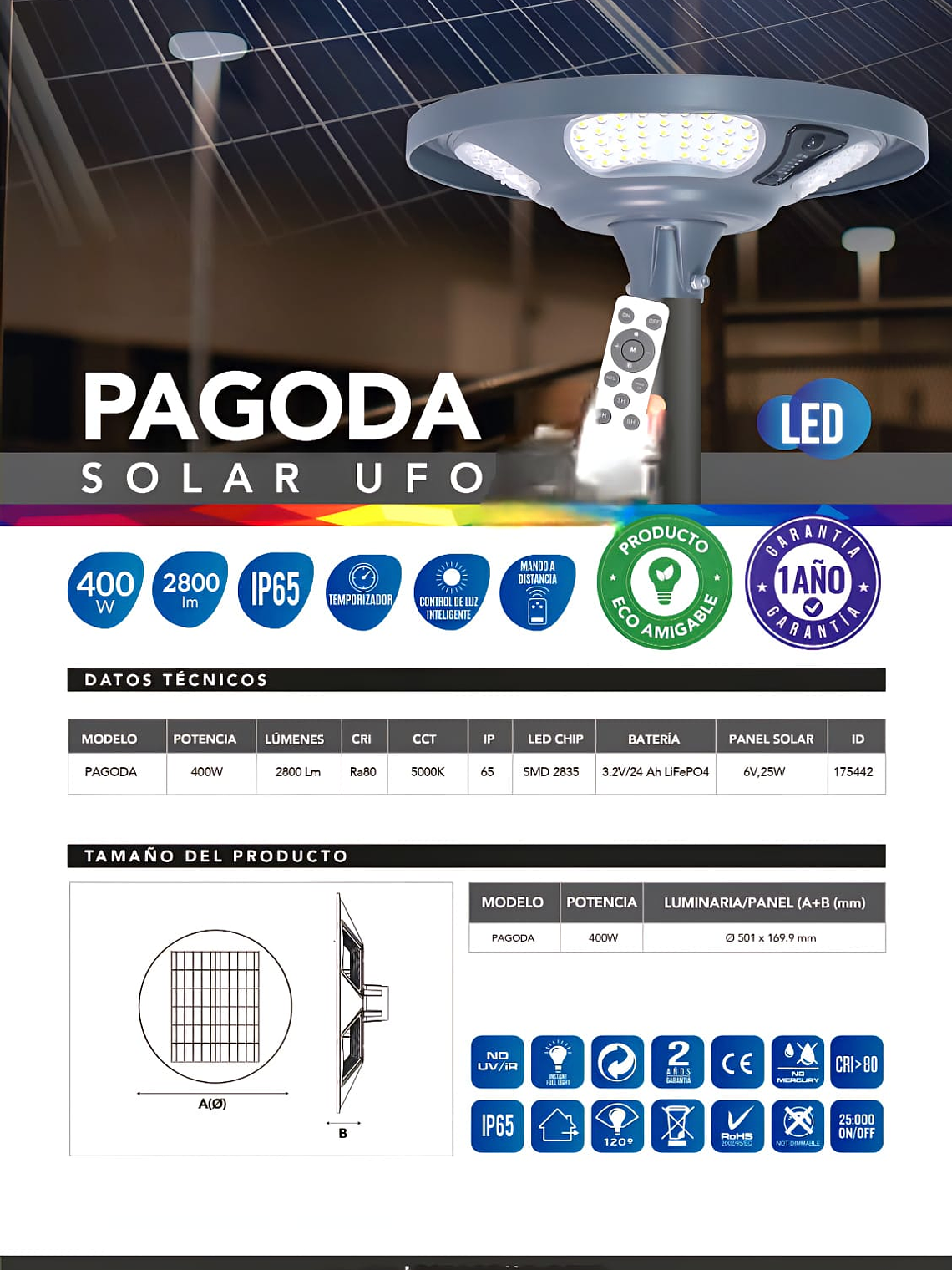Luminaria solar Pagoda UFO 400W 5000K IP65 con control remoto 4