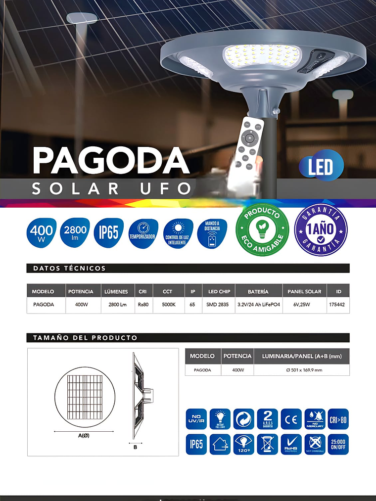 Luminaria solar Pagoda UFO 400W 5000K IP65 con control remoto 4
