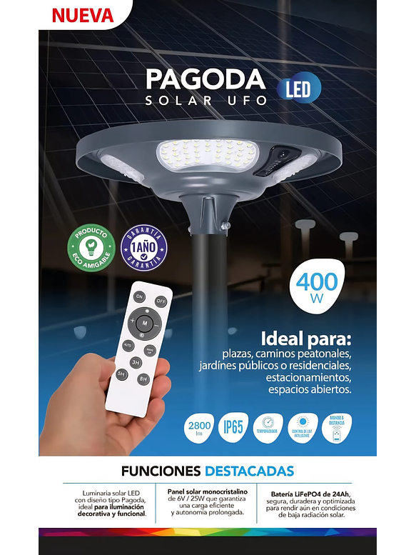 Luminaria solar Pagoda UFO 400W 5000K IP65 con control remoto 6