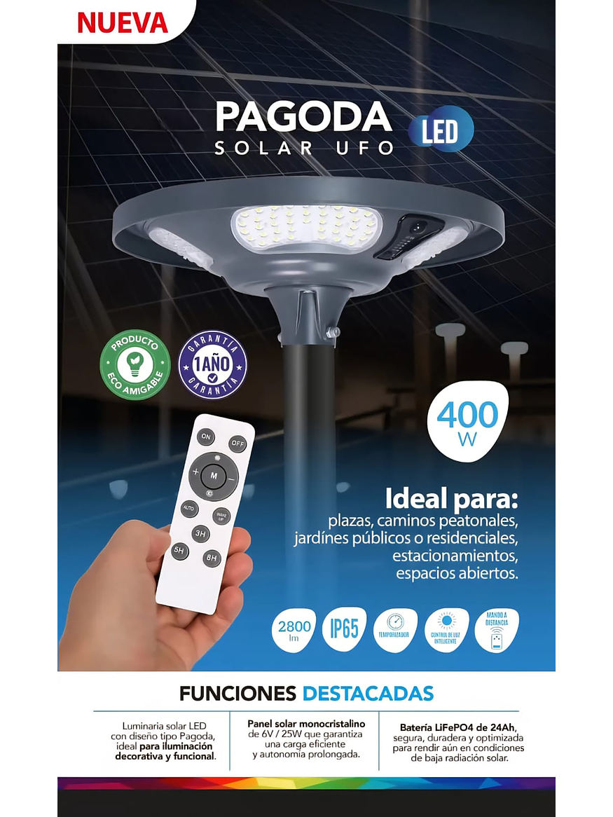 Luminaria solar Pagoda UFO 400W 5000K IP65 con control remoto 6