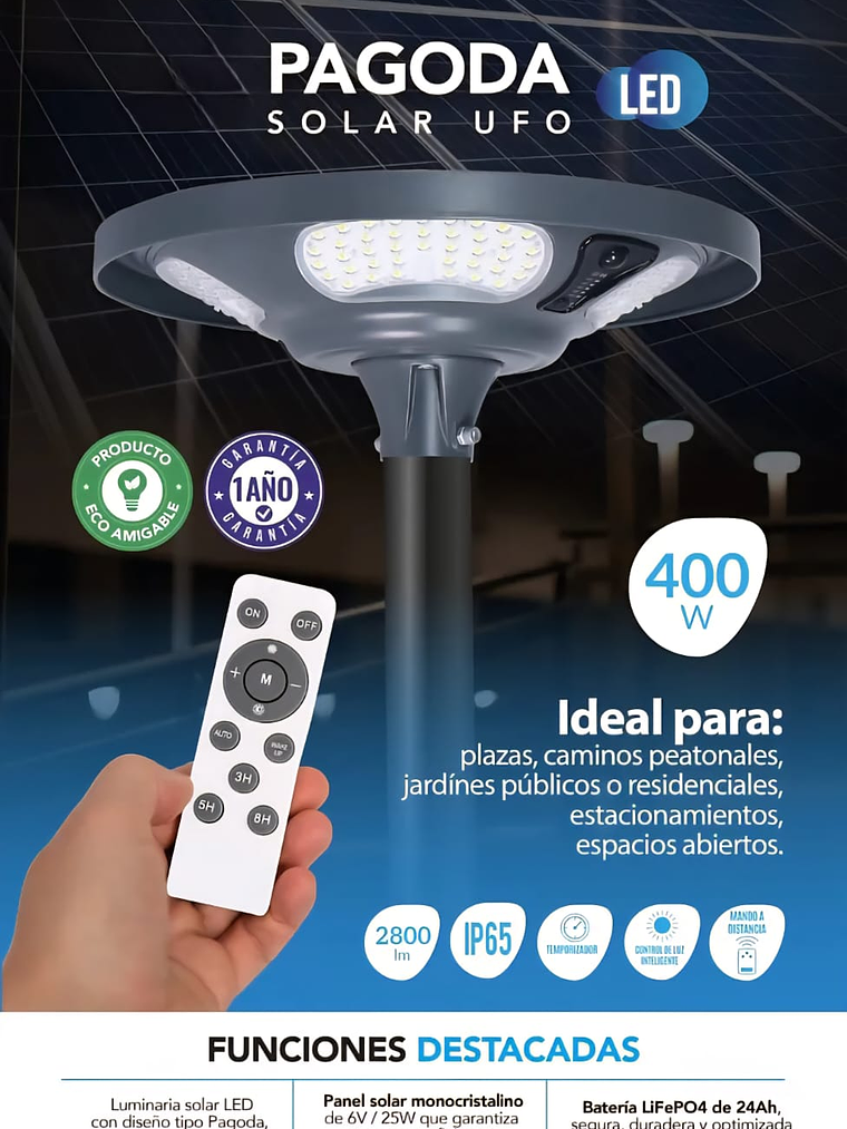 Luminaria solar Pagoda UFO 400W 5000K IP65 con control remoto 6