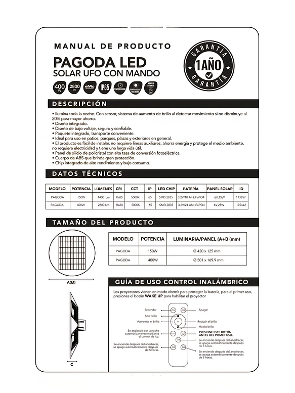 Luminaria solar Pagoda UFO 400W 5000K IP65 con control remoto 7