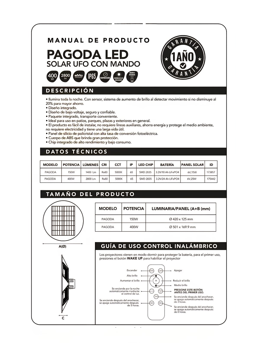 Luminaria solar Pagoda UFO 400W 5000K IP65 con control remoto 7