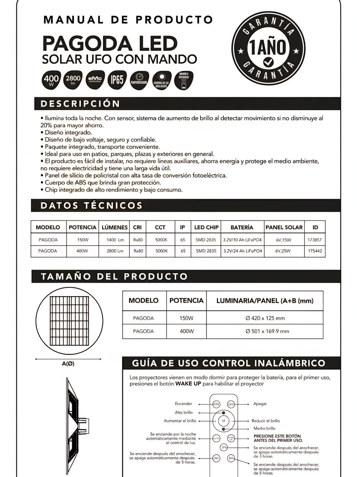 Luminaria solar Pagoda UFO 400W 5000K IP65 con control remoto 7