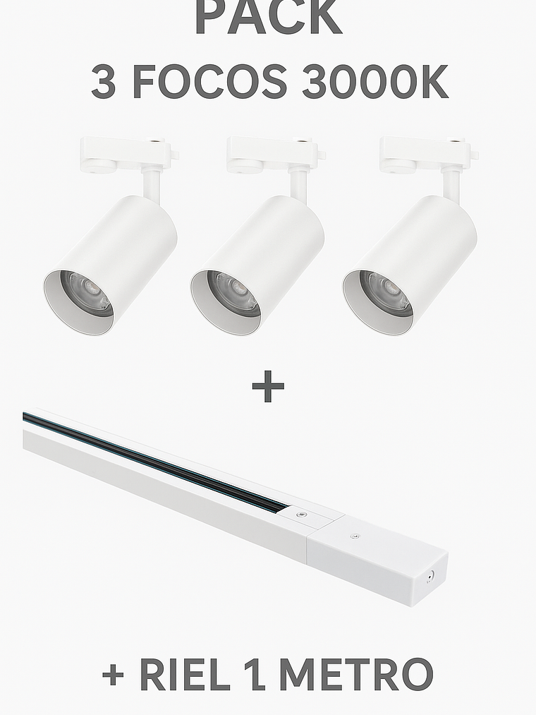 Pack 3 Focos GU10 con Riel 1 Metro Blanco Luz Cálida  1