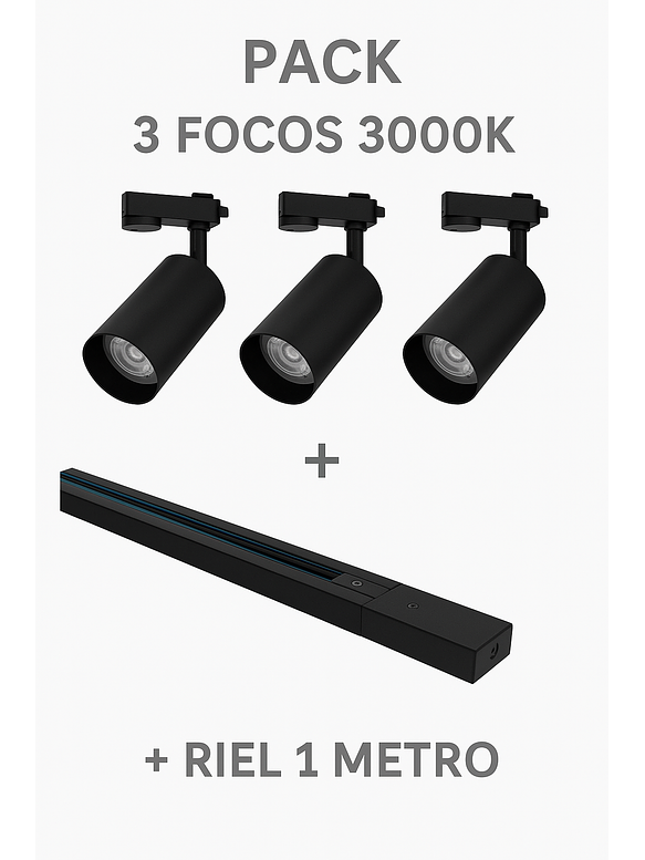 Pack 3 Focos GU10 con Riel 1 Metro Negro Luz Cálida 1
