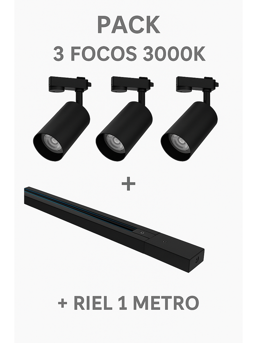 Pack 3 Focos GU10 con Riel 1 Metro Negro Luz Cálida 1
