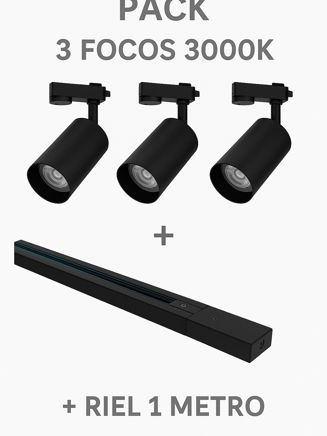Pack 3 Focos GU10 con Riel 1 Metro Negro Luz Cálida 1