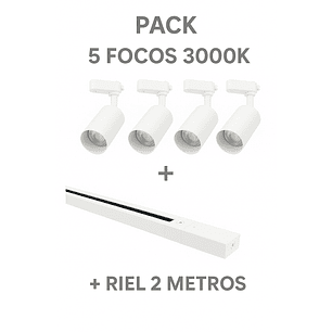 Pack 5 Foco GU10 Riel Monofásico 2Metros Blanco Luz Cálida 