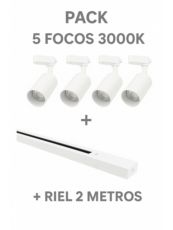 Pack 5 Foco GU10 Riel Monofásico 2Metros Blanco Luz Cálida  1