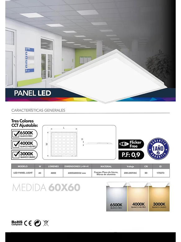 Panel LED Slim 60x60 40W CCT Ajustable Flicker Free 4800lm  3