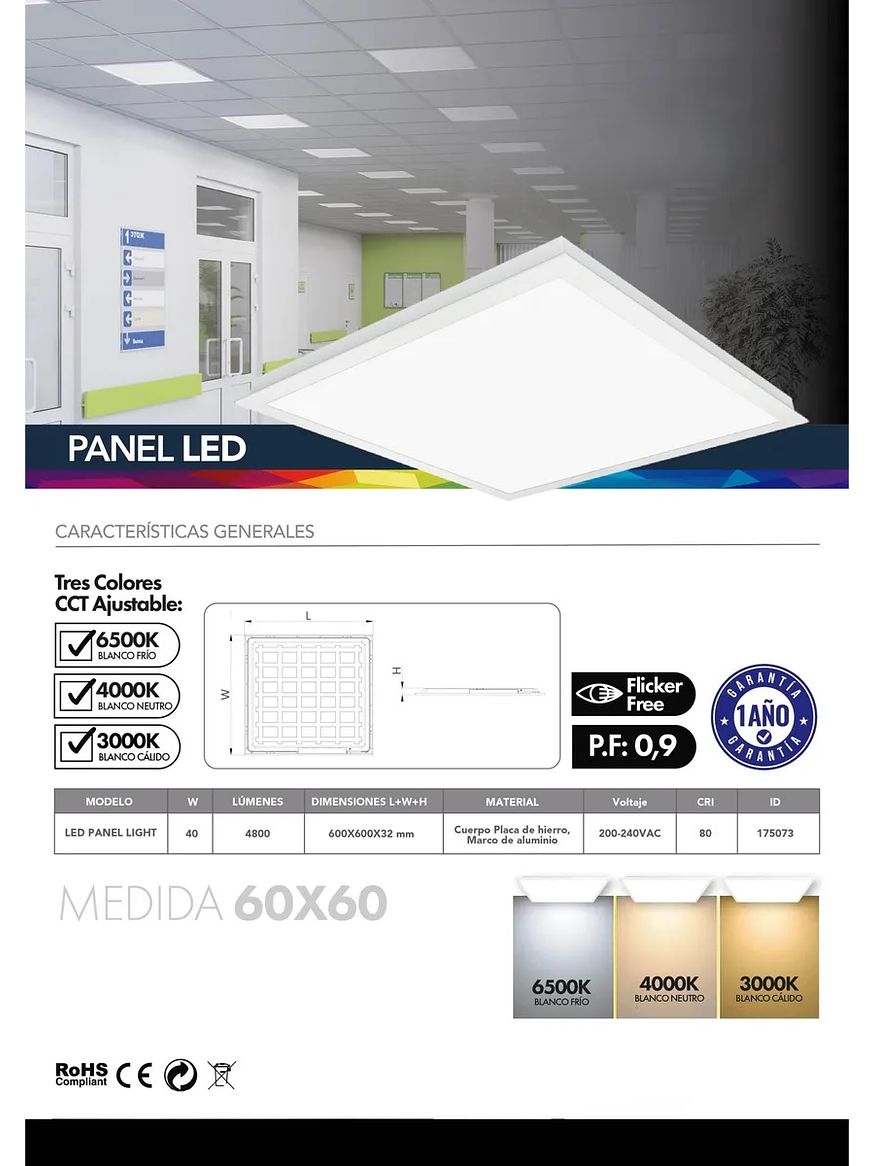 Panel LED Slim 60x60 40W CCT Ajustable Flicker Free 4800lm  3