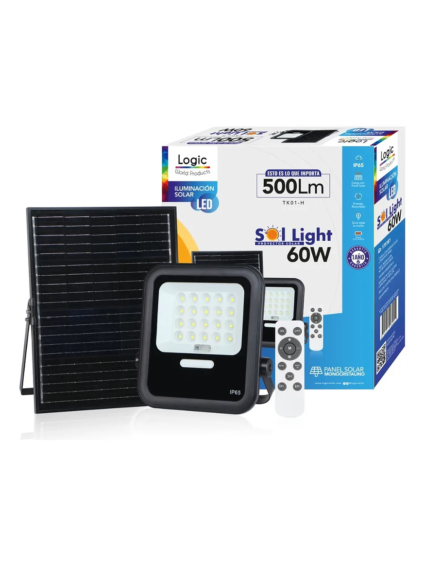 Proyector solar LED 60W luz fría IP65 con control remoto 1