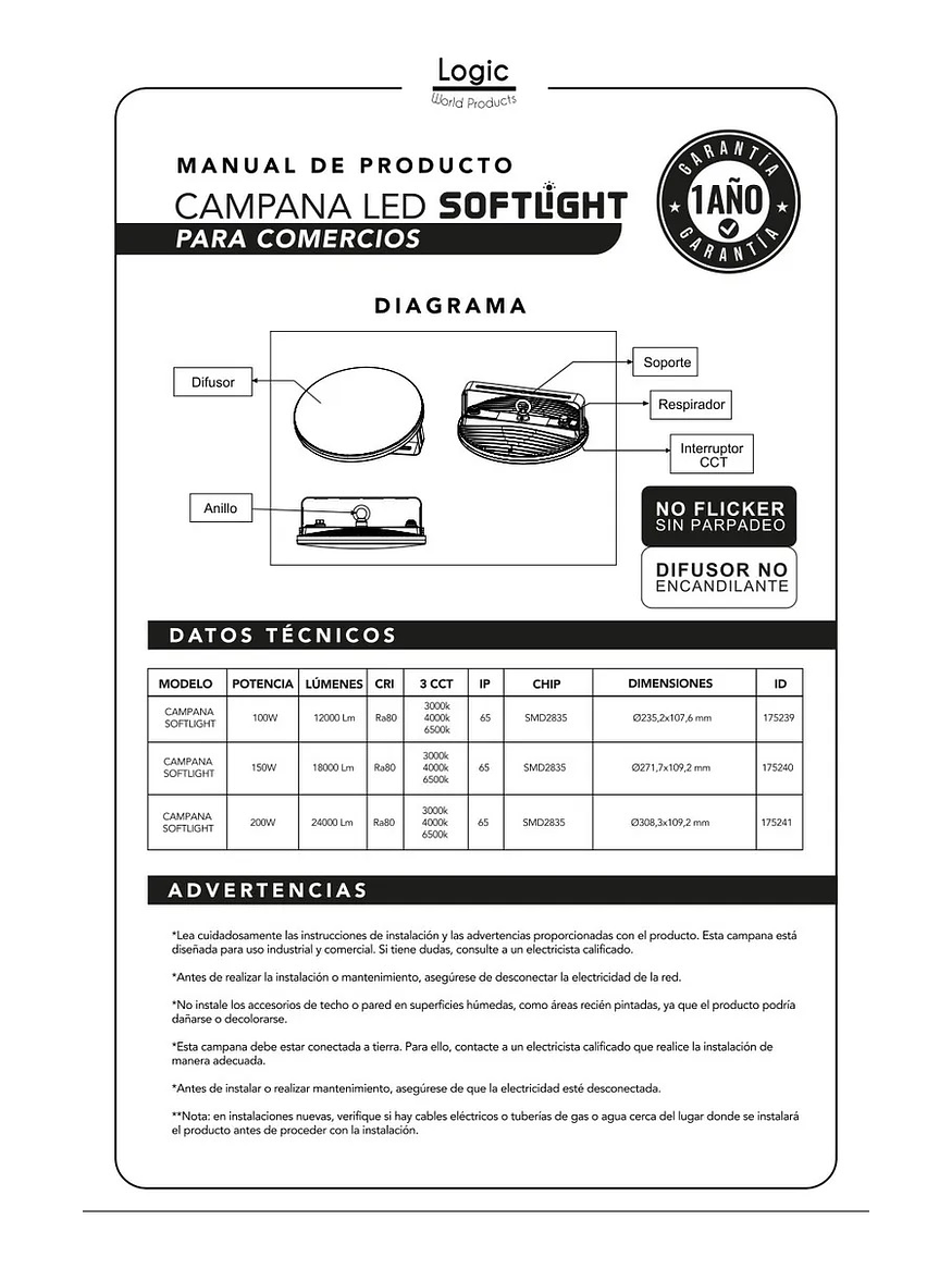 Campana LED SOFTLIGHT 100W CCT Cálida-Neutra-Fría IP65 8