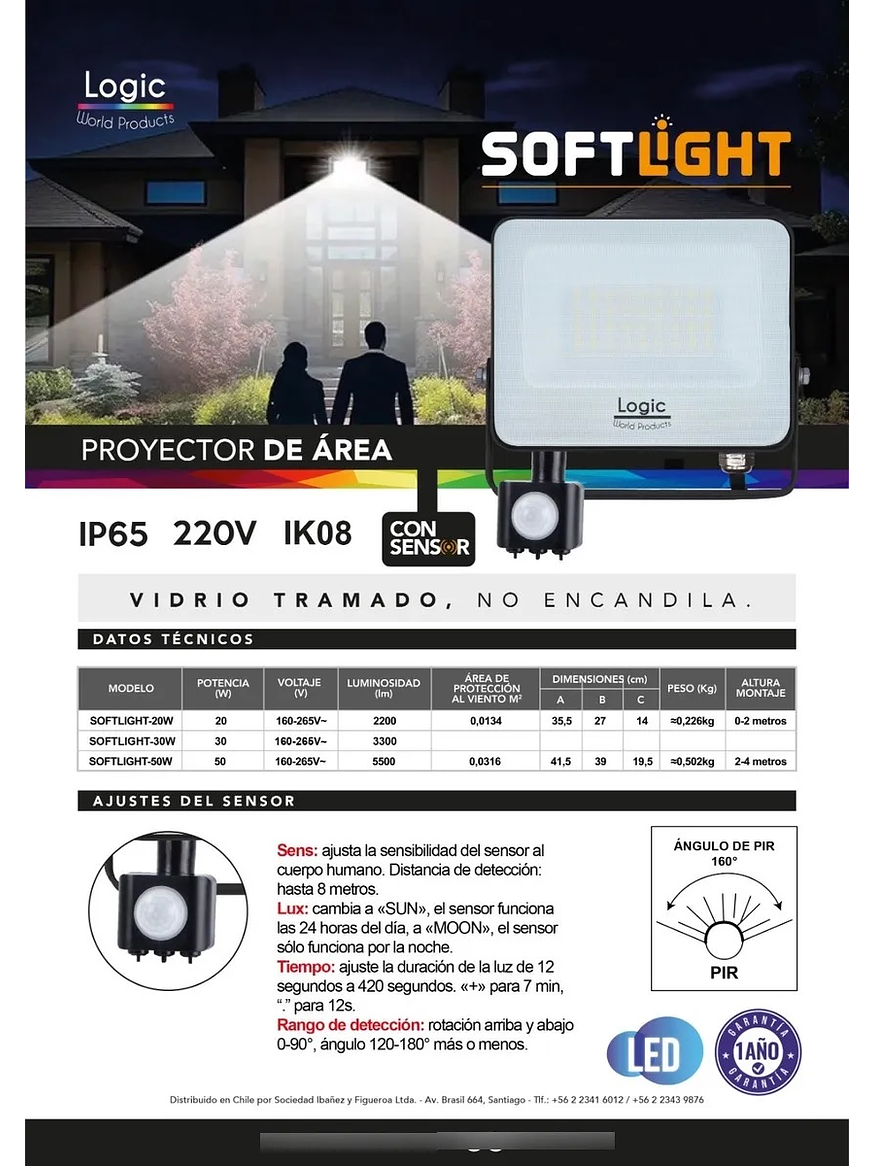 Proyector LED SOFTLIGHT 20W luz fría sensor PIR IP65 SEC 3