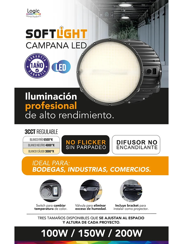 Campana LED SOFTLIGHT 150W luz cálida/neutra/fría IP65 6