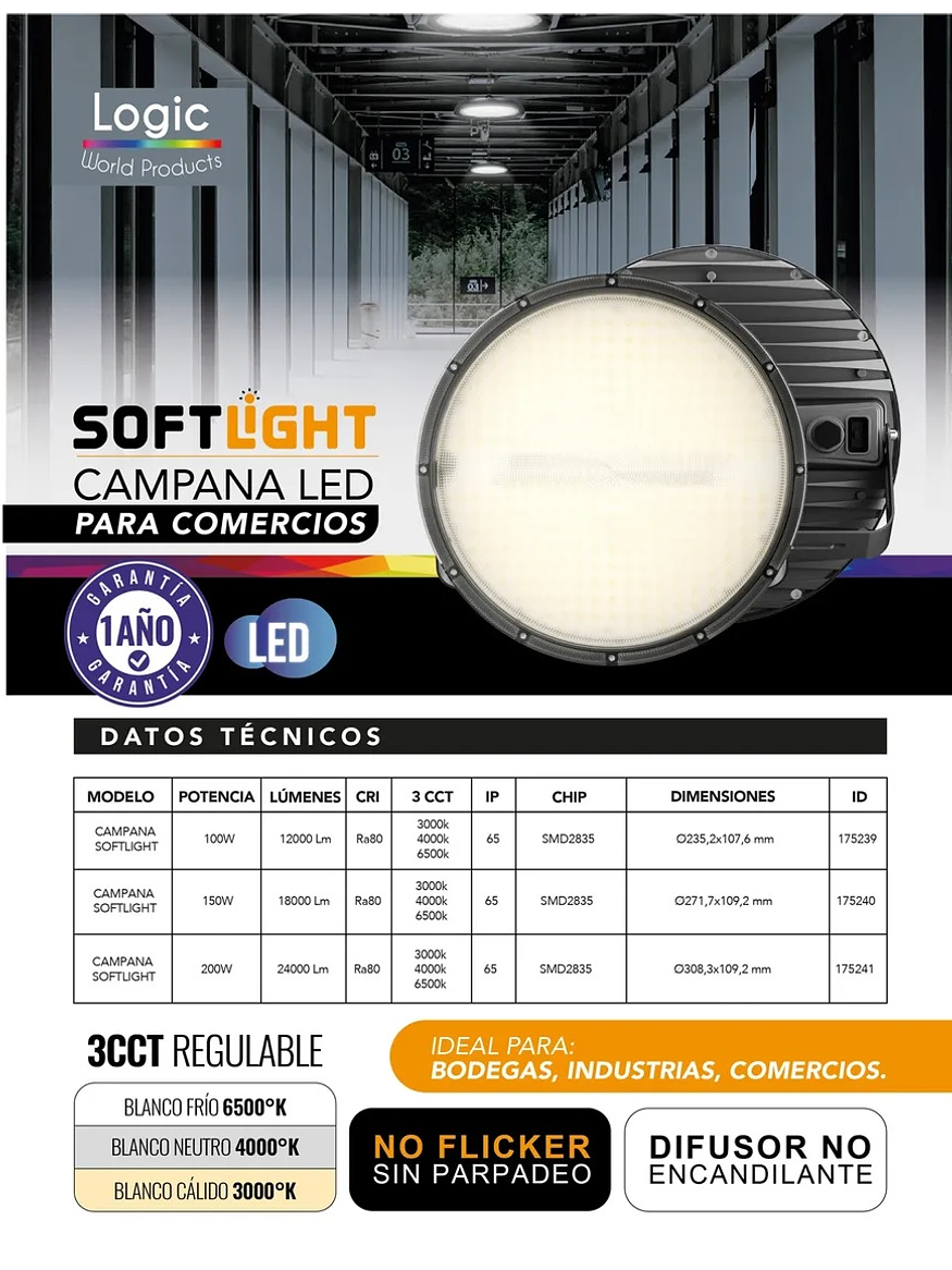 Campana LED SOFTLIGHT 150W luz cálida/neutra/fría IP65 7