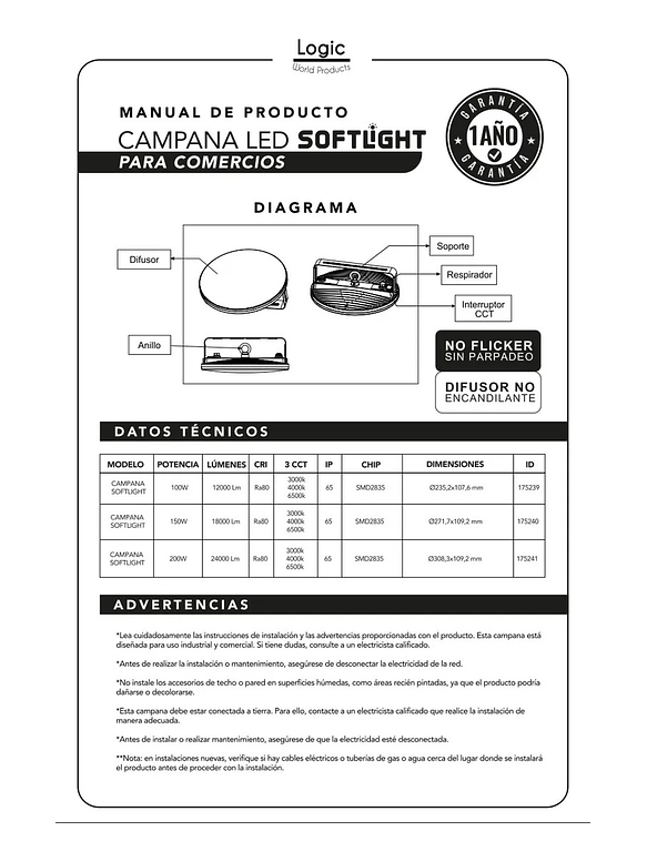Campana LED SOFTLIGHT 150W luz cálida/neutra/fría IP65 9