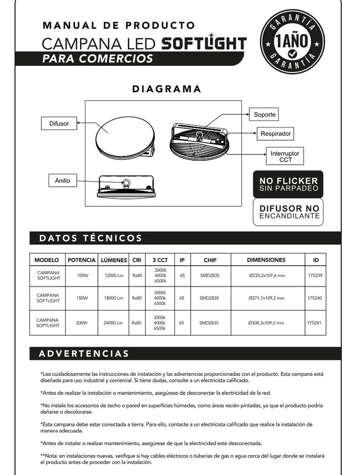 Campana LED SOFTLIGHT 150W luz cálida/neutra/fría IP65 9
