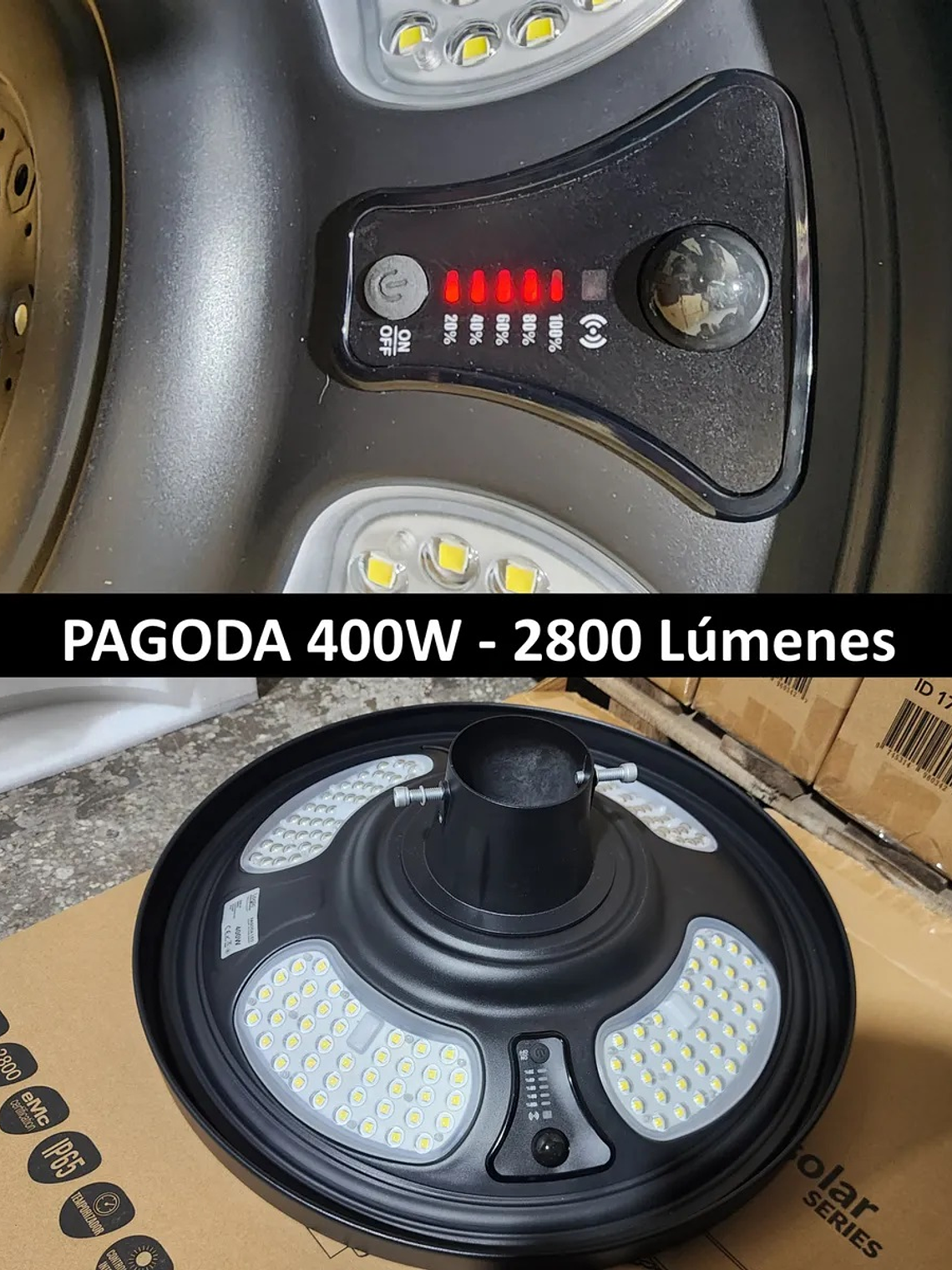 Luminaria solar Pagoda UFO 400W 5000K IP65 con control remoto 8