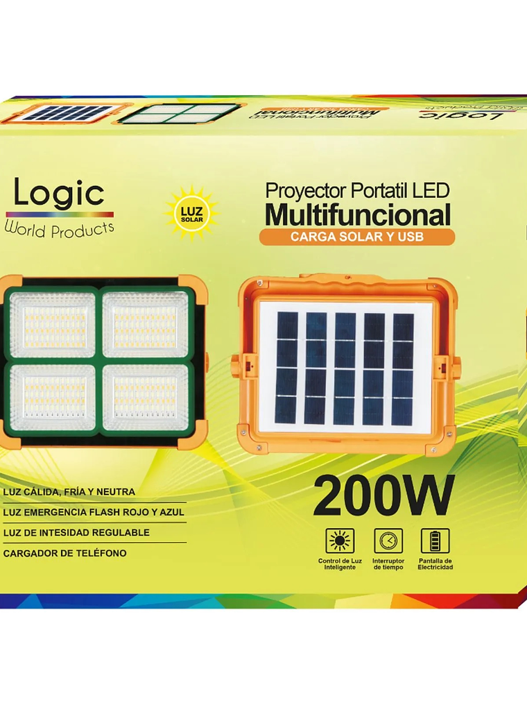 Proyector LED Solar 200W Portátil Recargable Power Bank Luz Fría/Cálida/Flash 2