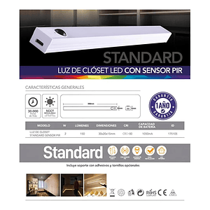 Luz de Closet LED D05 300mm Sensor PIR 5CCT USB Recargable