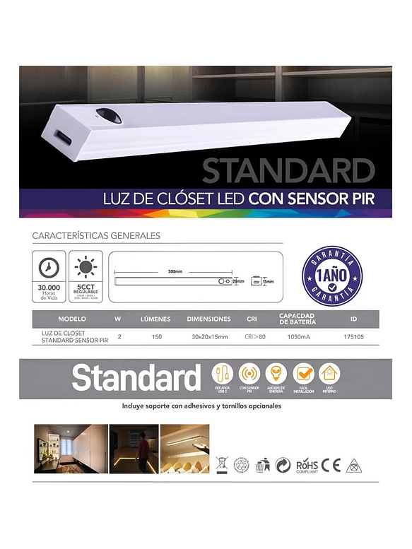 Luz de Closet LED D05 300mm Sensor PIR 5CCT USB Recargable 2